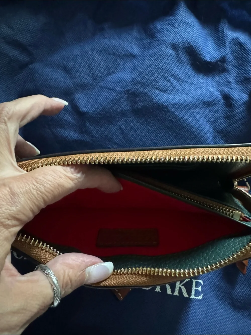 Dooney & Bourke Forest Green Pebbled Leather Wristlet with Tan Trim